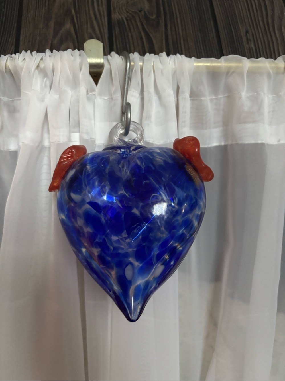 Handmade blown Blue Glass Heart humming bird feeder